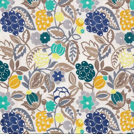 Floral pattern with blue, yellow, and green flowers on a beige background