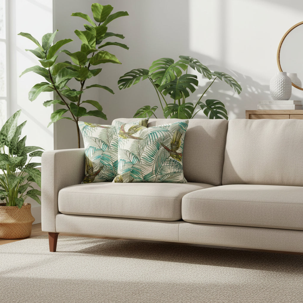 Two decorative cushions with tropical bird and leaf pattern on a neutral sofa with potted plants