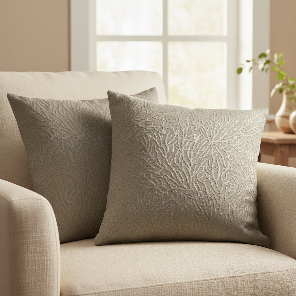 Beige chair with patterned cushions in a home setting