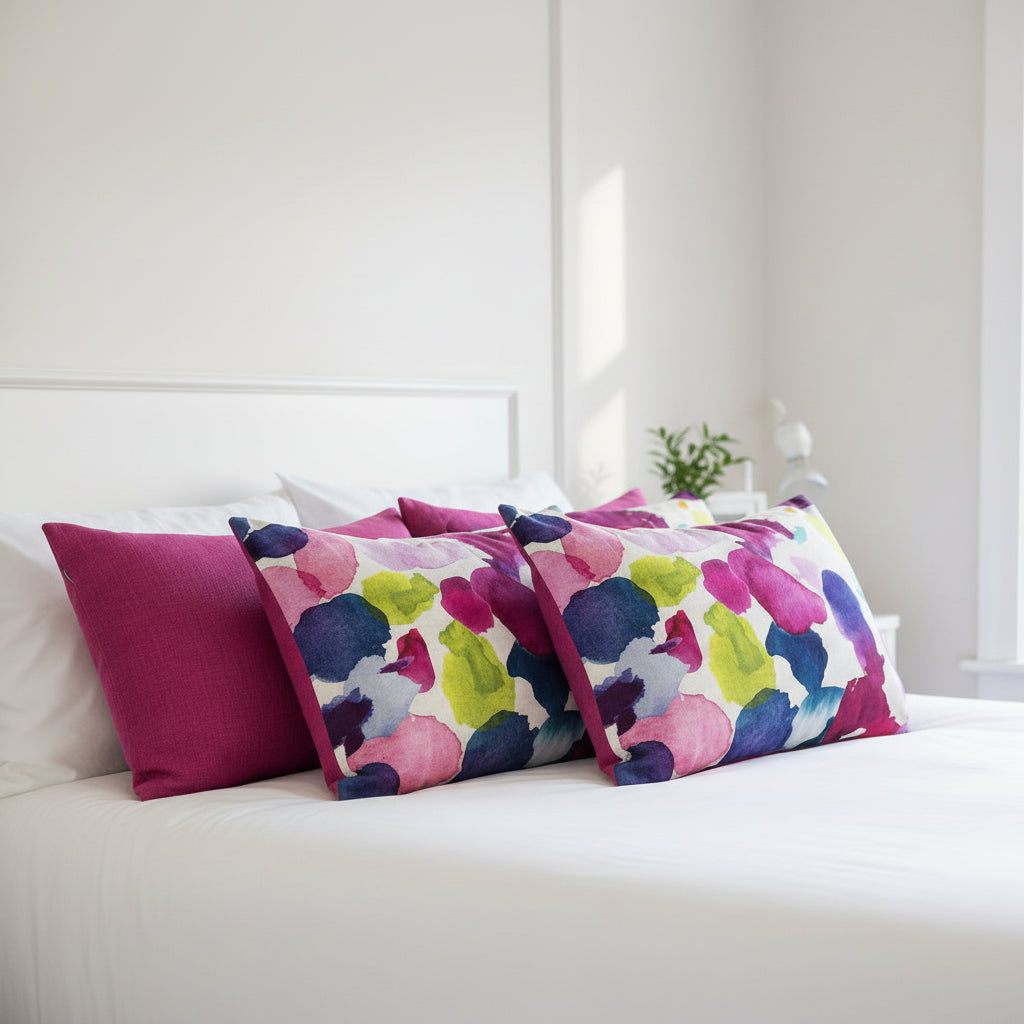 Colourful patterned cushions on white bedding 