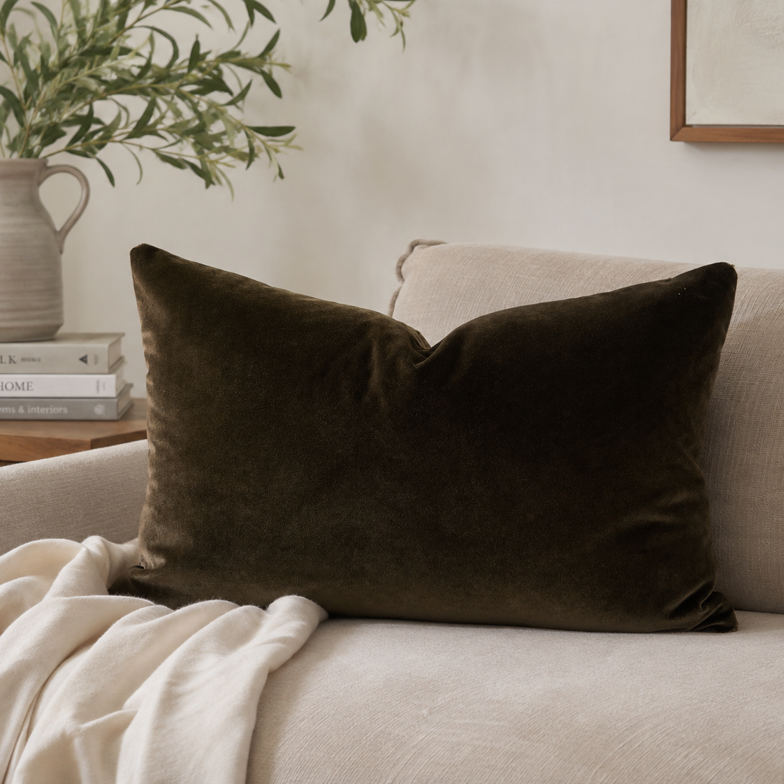 A dark olive green velvet rectangular cushion resting on a light beige sofa with a cream throw blanket, styled in a cosy living room setting.