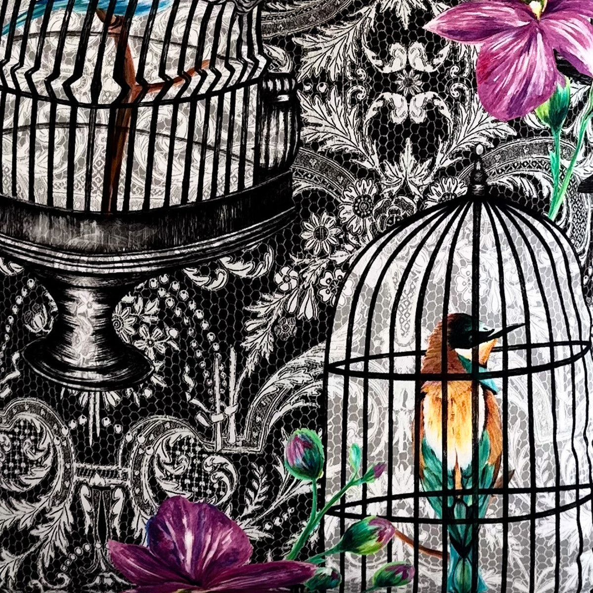 Decorative fabric with birdcage and floral design on a white background