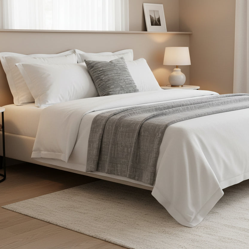 Gray textured cushion in a bedroom setting with white bedding and a grey accent throw blanket 