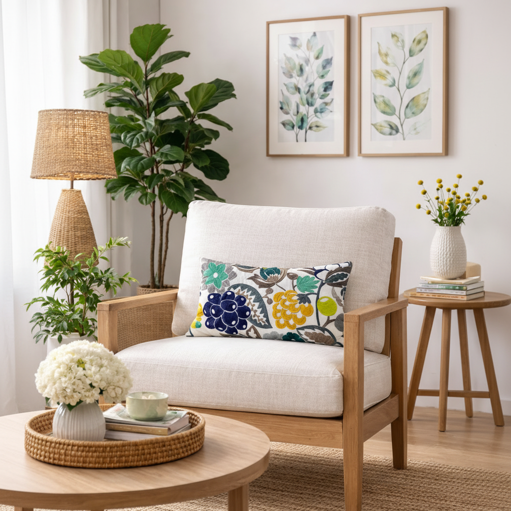 A living room setting with an occasional armchair, featuring a decorative embroidered lumbar cushion.    