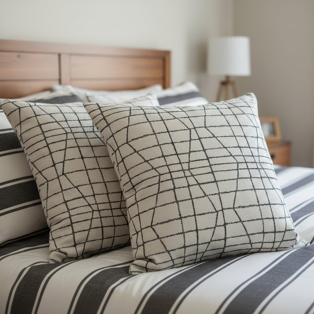 Decorative cushions with a geometric pattern on a bed in a bedroom setting.