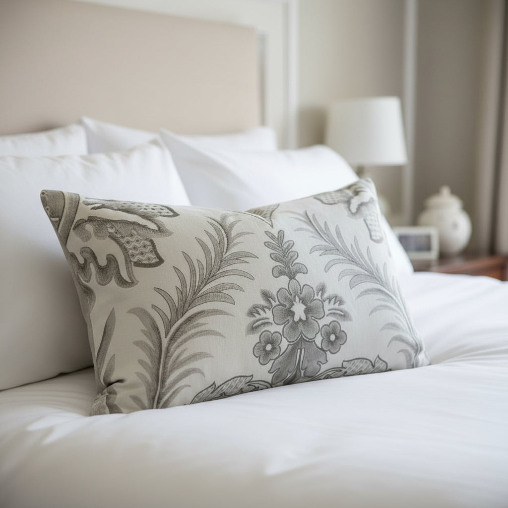 Decorative lumbar cushion with a damask pattern sitting on white bedding  