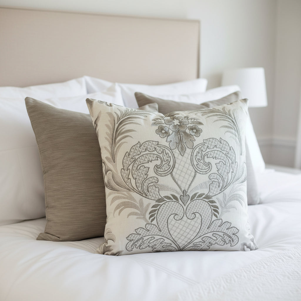 Close up of decorative damask embroidered cushion on white bedding  