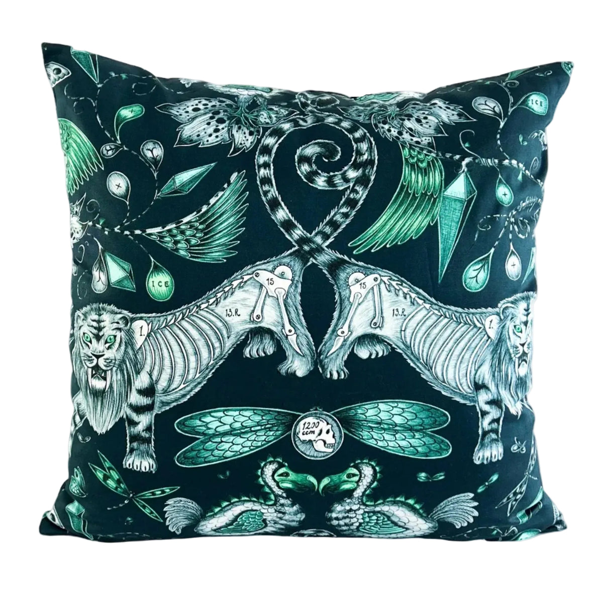 Decorative pillow with intricate design of two tigers, dragons, and geometric patterns on a white background.