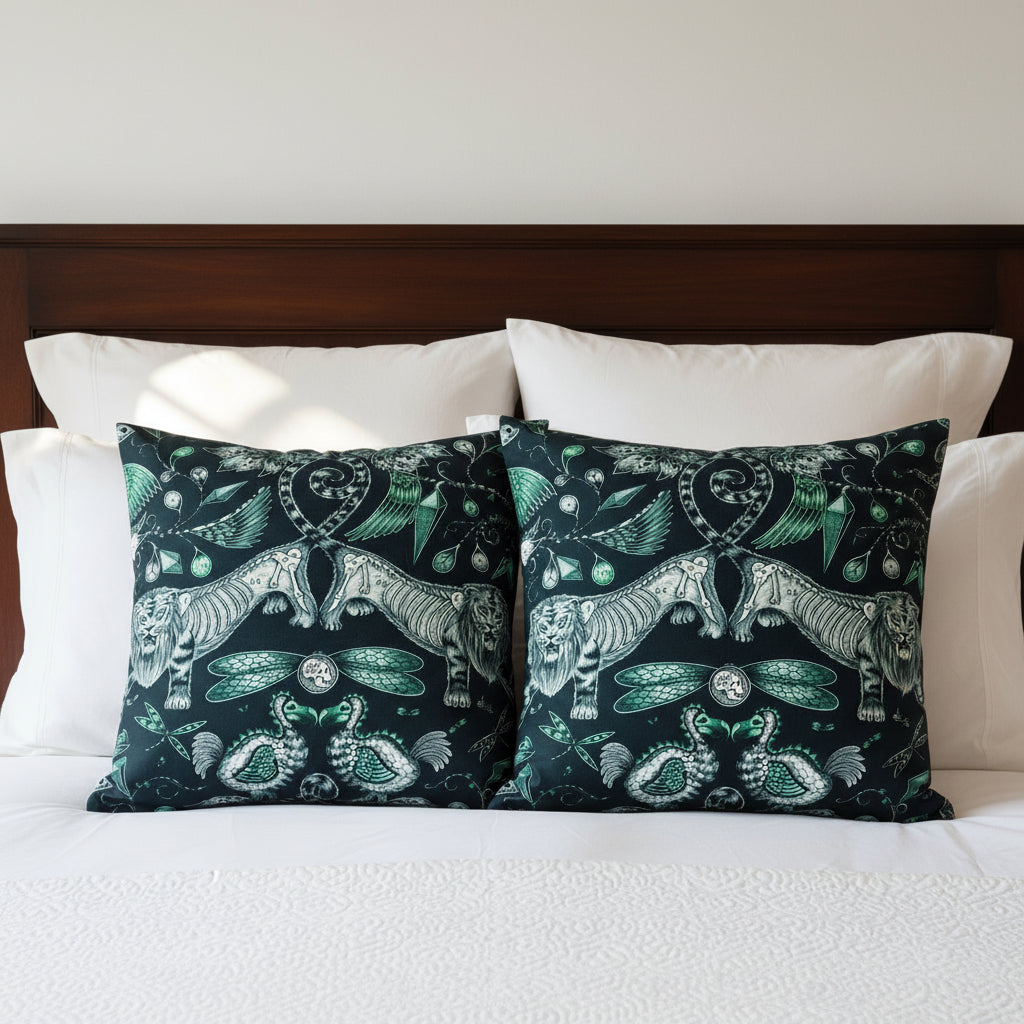 Decorative large cushions with fantasy design featuring lions, dragons, and mystical elements on white bedding.