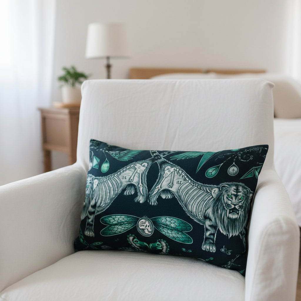 Decorative pillow with tiger and dragonfly design on a white loose cover chair    