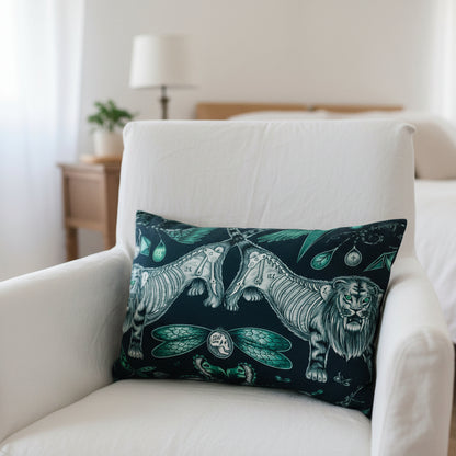 Decorative pillow with tiger and dragonfly design on a white loose cover chair    