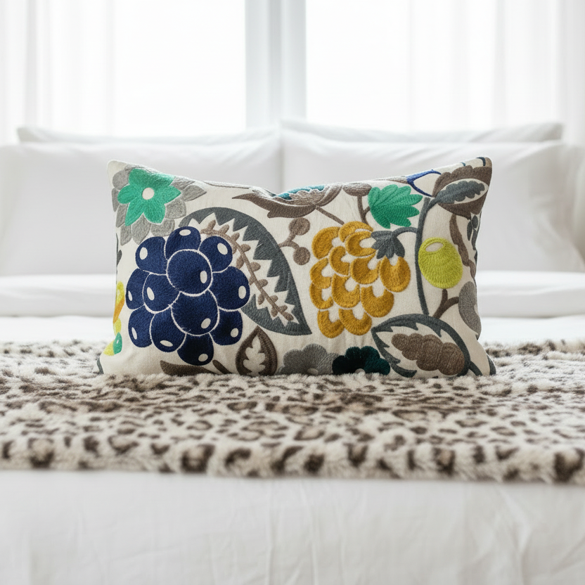 Decorative cushion with embroidered pattern on a bed with leopard print throw blanket