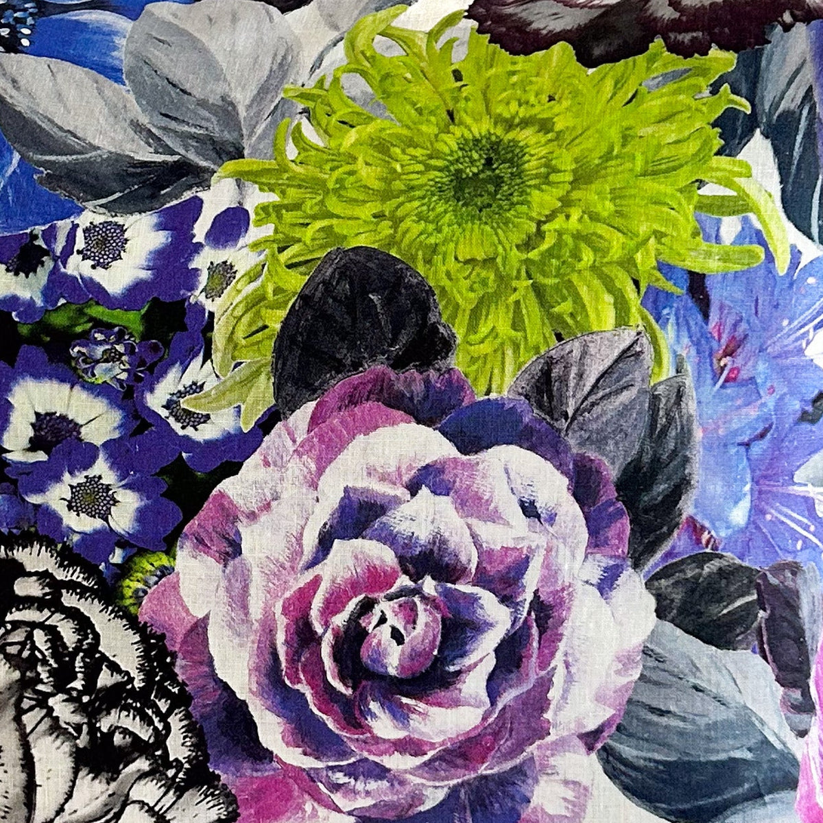 Decorative fabric with colourful floral pattern on a white background
