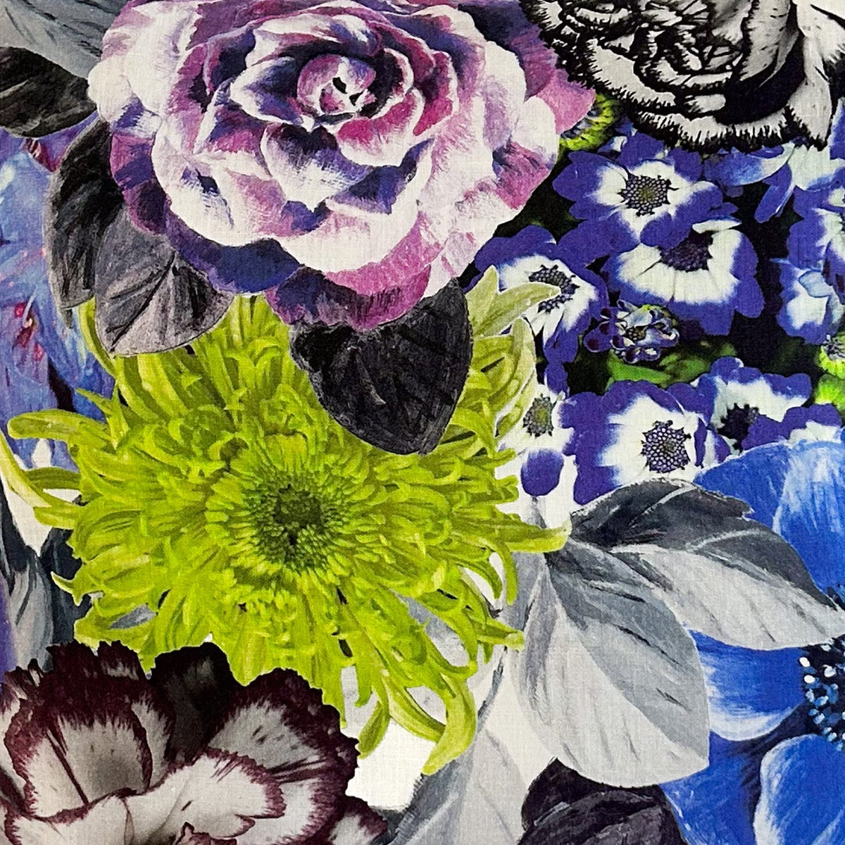 Decorative fabric with colourful floral pattern on a white background
