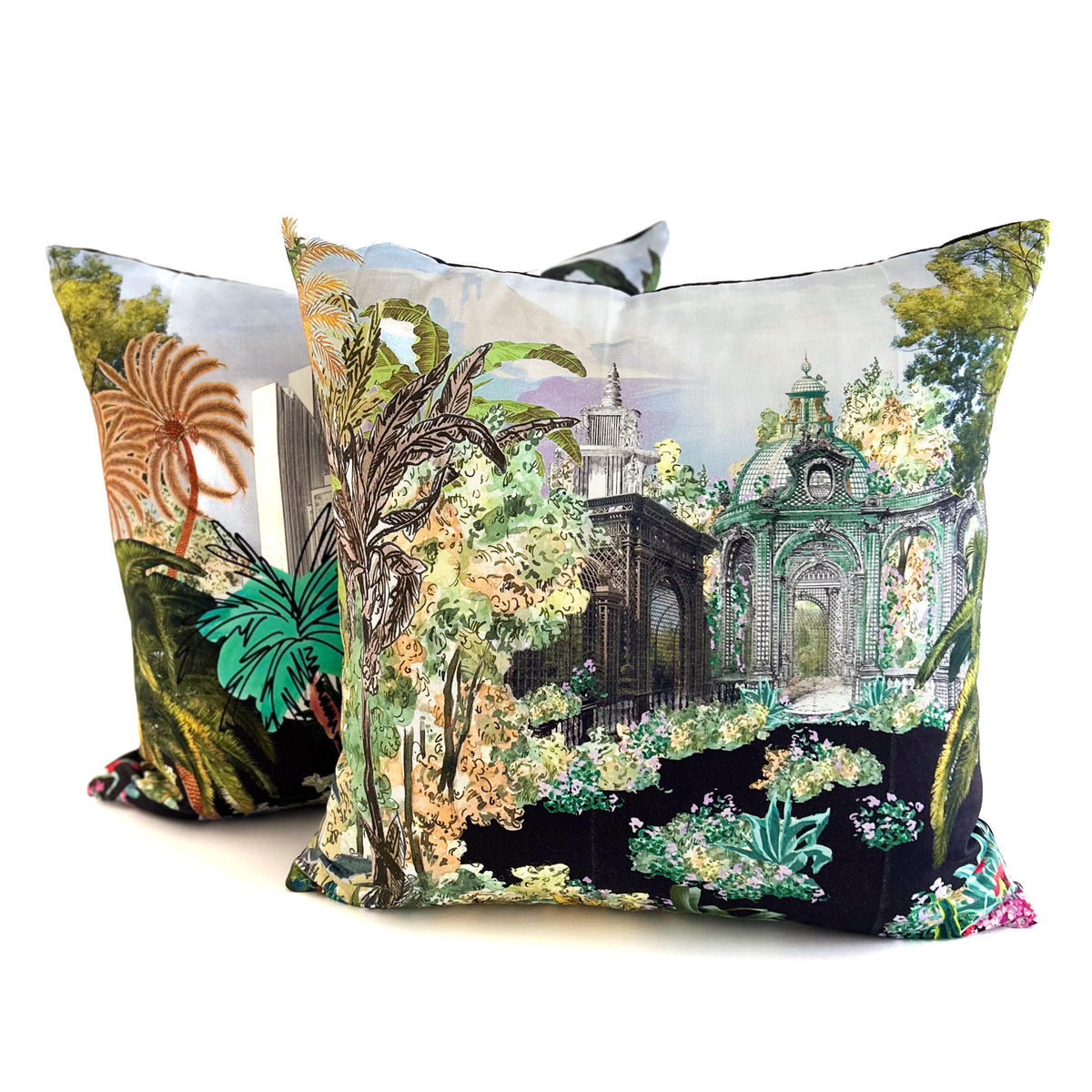 Decorative pillows with fantasy garden and castle design on a white background