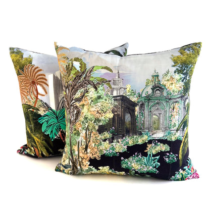 Decorative pillows with fantasy garden and castle design on a white background