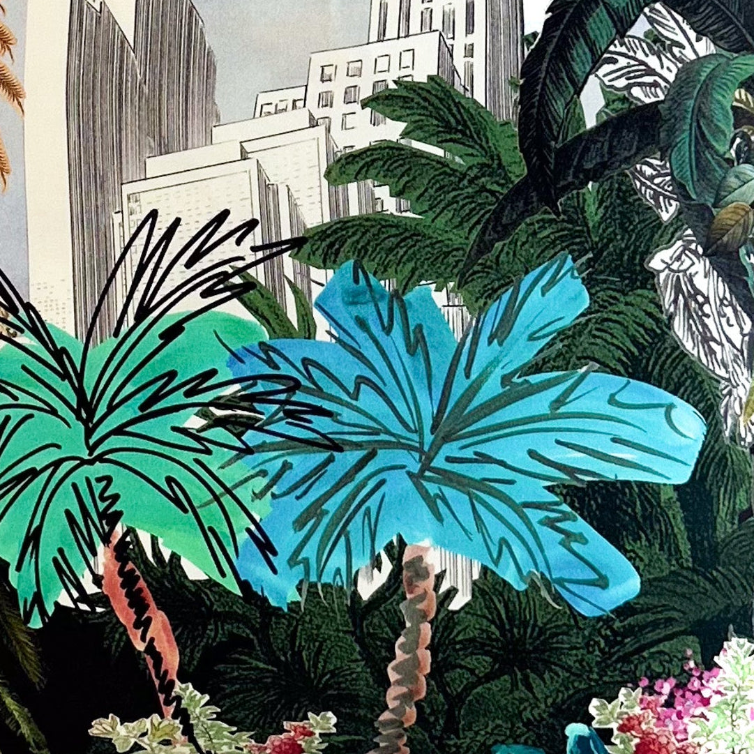 Closeup of decorative fabric showing a tropical design featuring palm trees and cityscape.