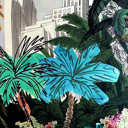 Closeup of decorative fabric showing a tropical design featuring palm trees and cityscape.
