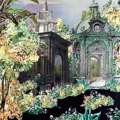 closeup of decorative fabric, showing a fantasy garden design featuring architecture and nature elements.