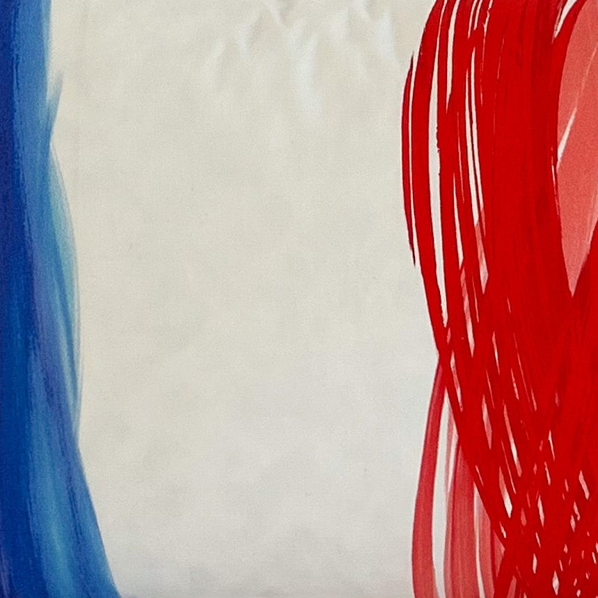 Colourful abstract stripe fabric with blue, white, red, and black stripes.