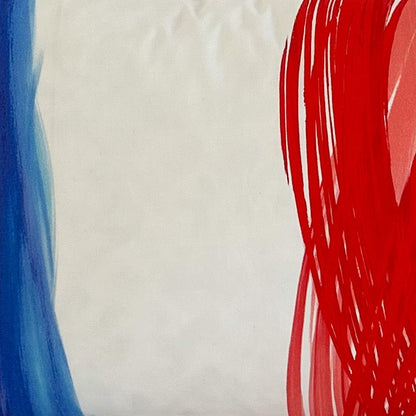 Colourful abstract stripe fabric with blue, white, red, and black stripes.