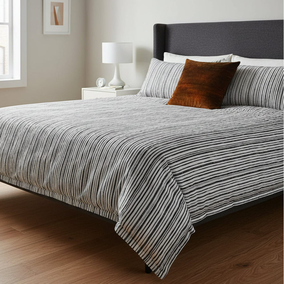 Coppery Brown velvet cushion sitting on a bed - featuring a white and black striped duvet cover. 