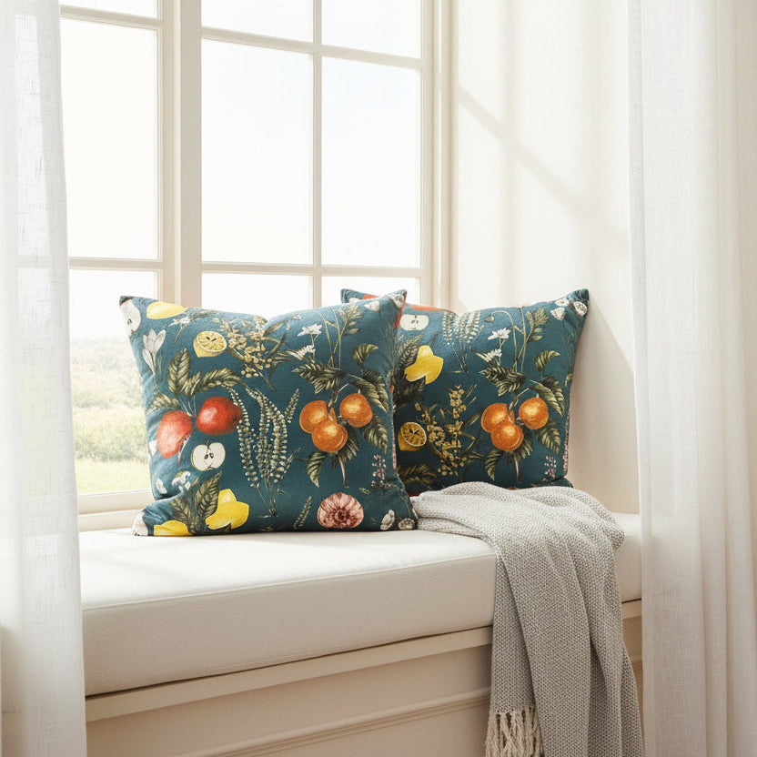 Two decorative cushions with fruit and floral pattern sitting on a built-in window seat with a soft throw rug 