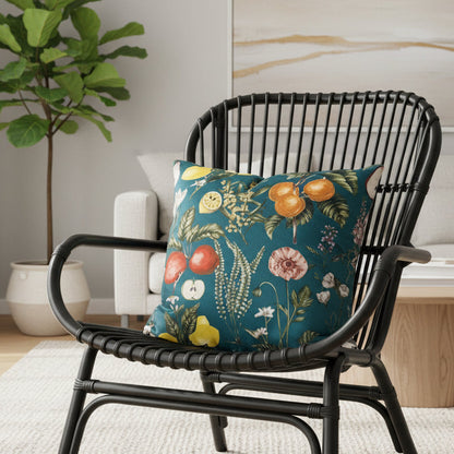 Decorative cushion with a botanical pattern featuring fruits and flowers on a teal background, sitting on a black rattan chair 
