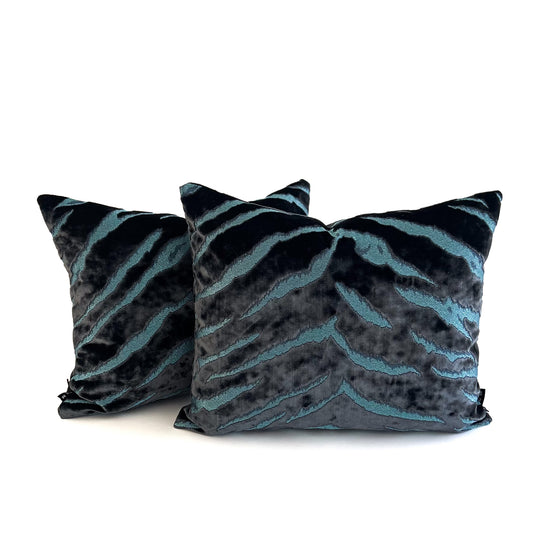 Two bengal tiger cushions in colour sapphire on a white background