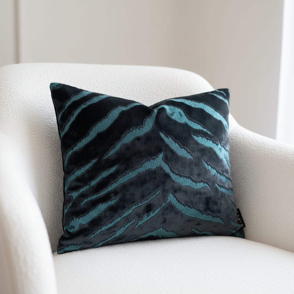 Decorative cushion with sapphire and turquoise bengal tiger pattern on a white boucle chair 