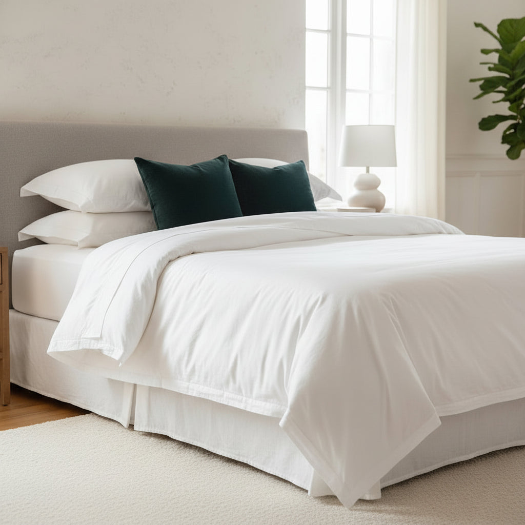 Two dark blue velvet cushions in a white bedroom setting 