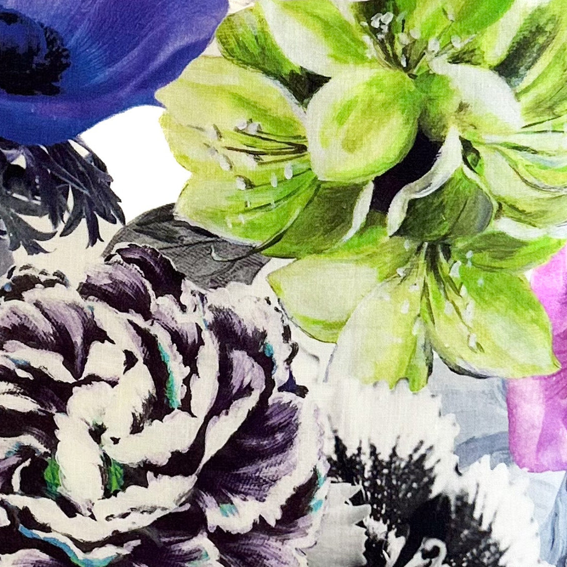 Closeup on Floral patterned fabric with purple, green, and black flowers on a white background