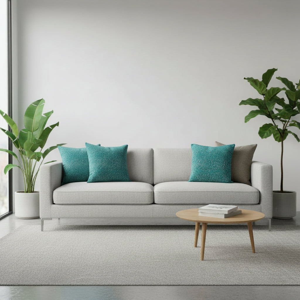 Teal Cheeta patterned cushions on a grey sofa and white background with potted plants 