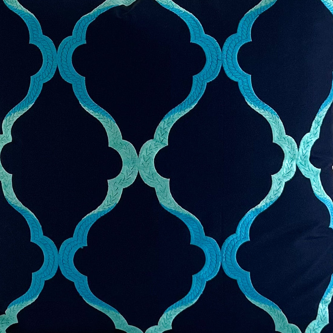 Navy blue and turquoise geometric patterned fabric  