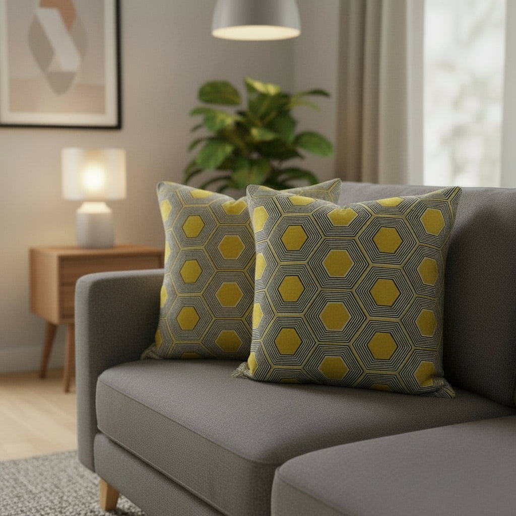 Gray sofa with chartreuse geometric patterned cushions in a living room setting.