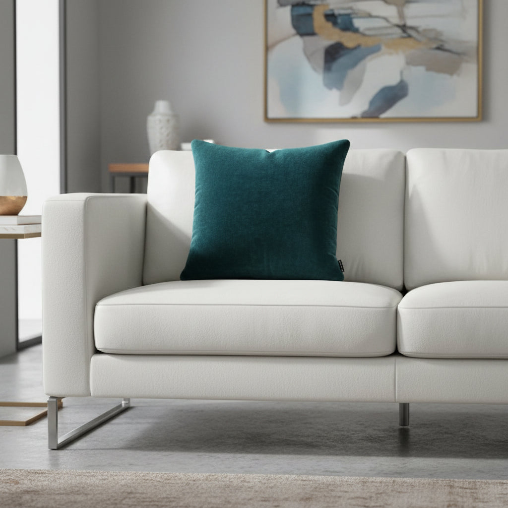 Aquamarine velvet cushion sitting a on a white sofa