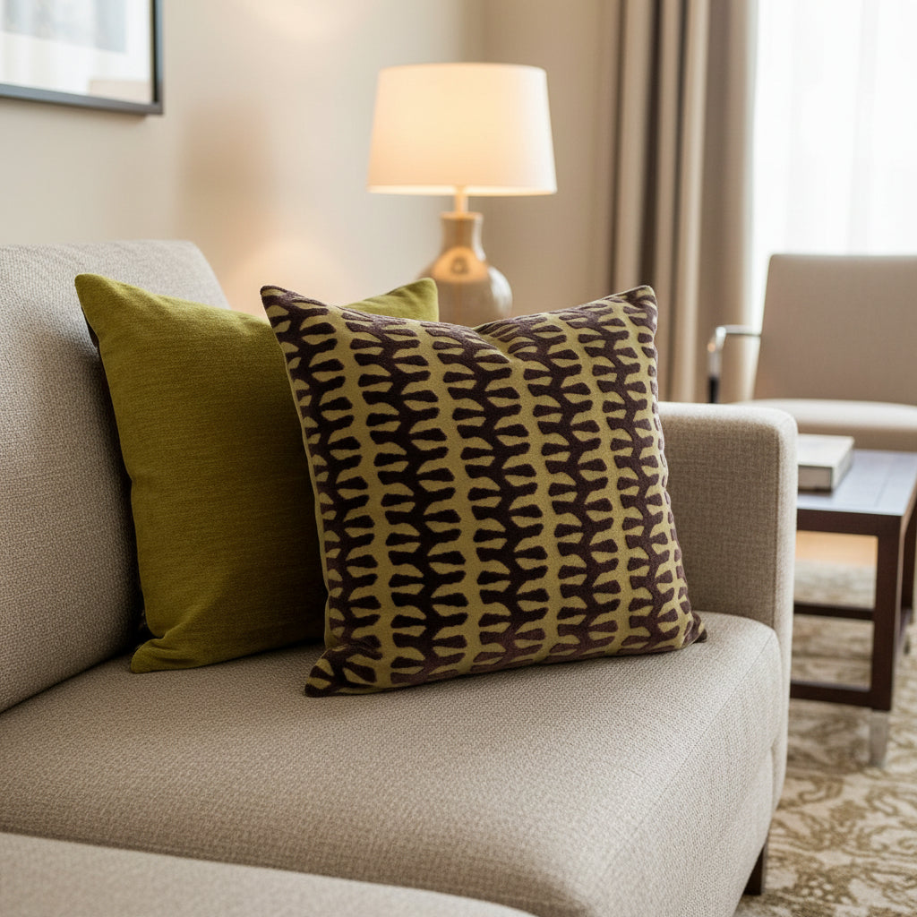 Two decorative cushions, green and aubergine patterned 