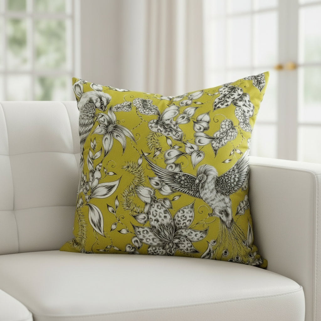 Decorative cushion with bird and floral pattern on a chartreuse colour background