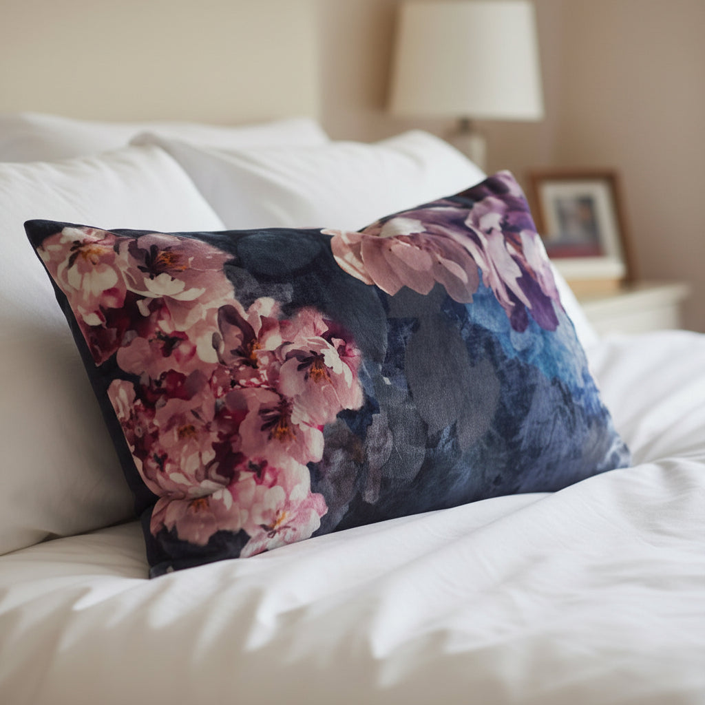 Closeup of floral patterned lumbar cushion on white bedding 