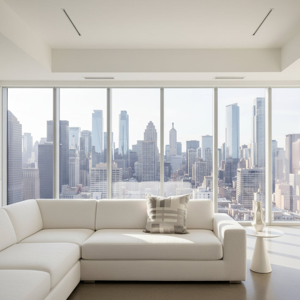 Gray and white checkered cushion in a modern white apartment 